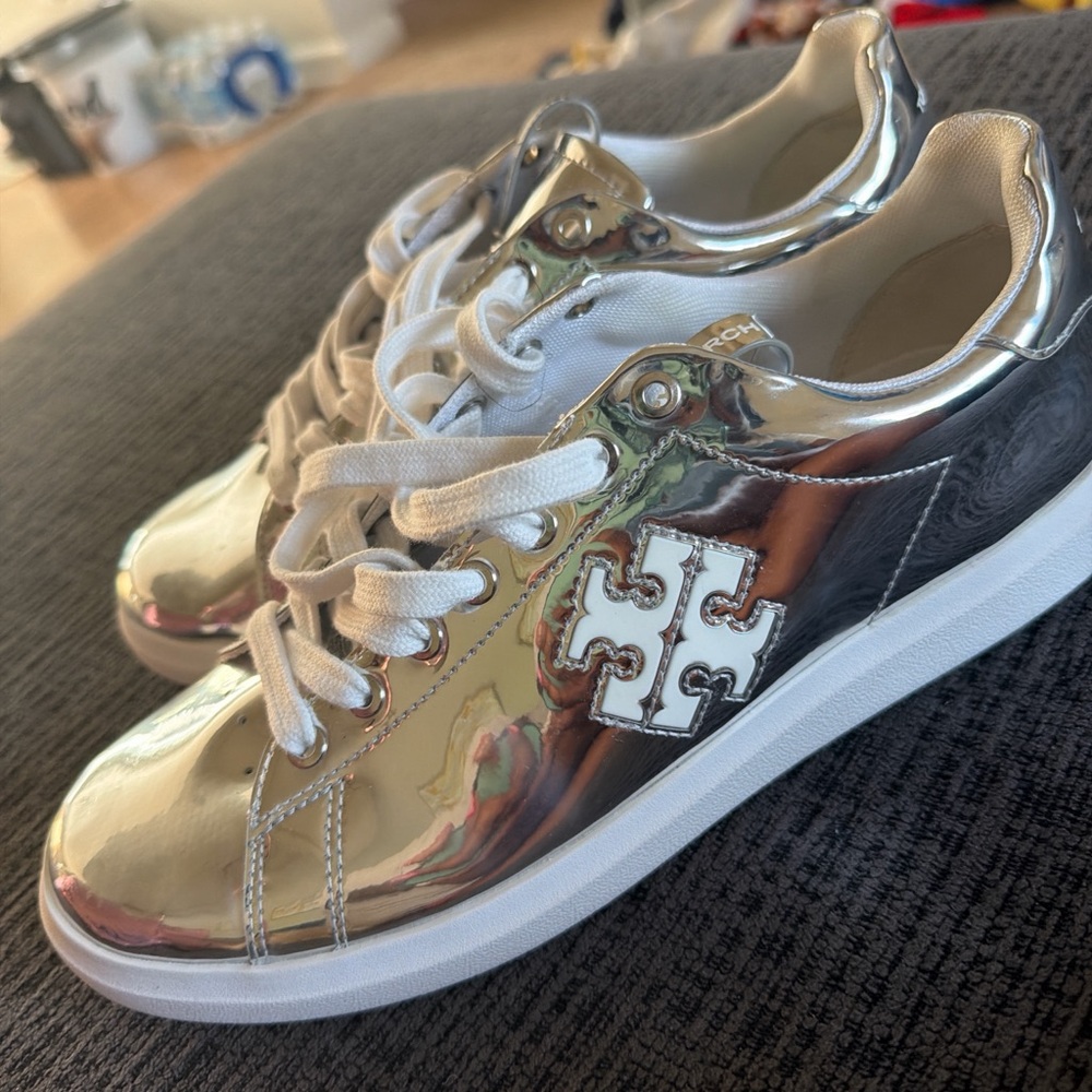 Tory Burch Metallic Silver Logo Sneakers - Picture 3 of 5